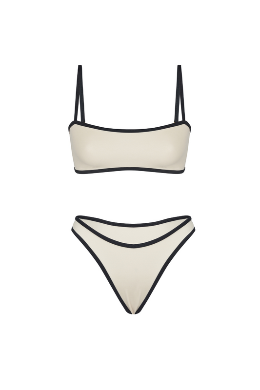 Beige bikini set with black straps.